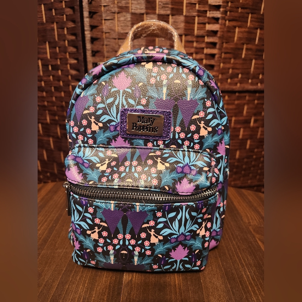 MARY POPPINS DISNEY Purple and Blue Floral Backpack with Multiple Compartments